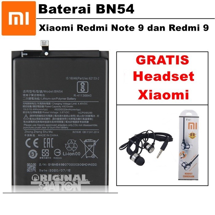 Xiaomi Baterai BN54 Battery Xiaomi Redmi Note 9 | Battery Xiaomi Redmi 9 (5020 mAh) Original GRATIS 