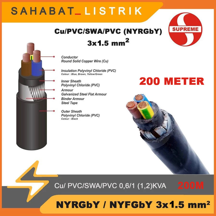 KABEL SUPREME NYRGBY / NYFGBY 3X1.5 3X1,5 PANJANG 200 METER