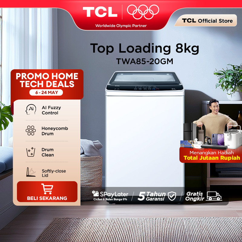 TCL Mesin Cuci 1 Tabung - Top Loading 8 KG - Honeycomb Crystal Drum - Auto Cleaning - Eight Wash Pro
