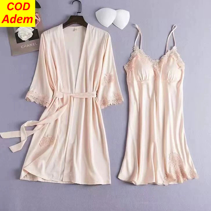 Piyama Victoria Secret Ice Silk Kimono One Set Dress+Outer Lingerie Baju Tidur Wanita Premium Set 2i