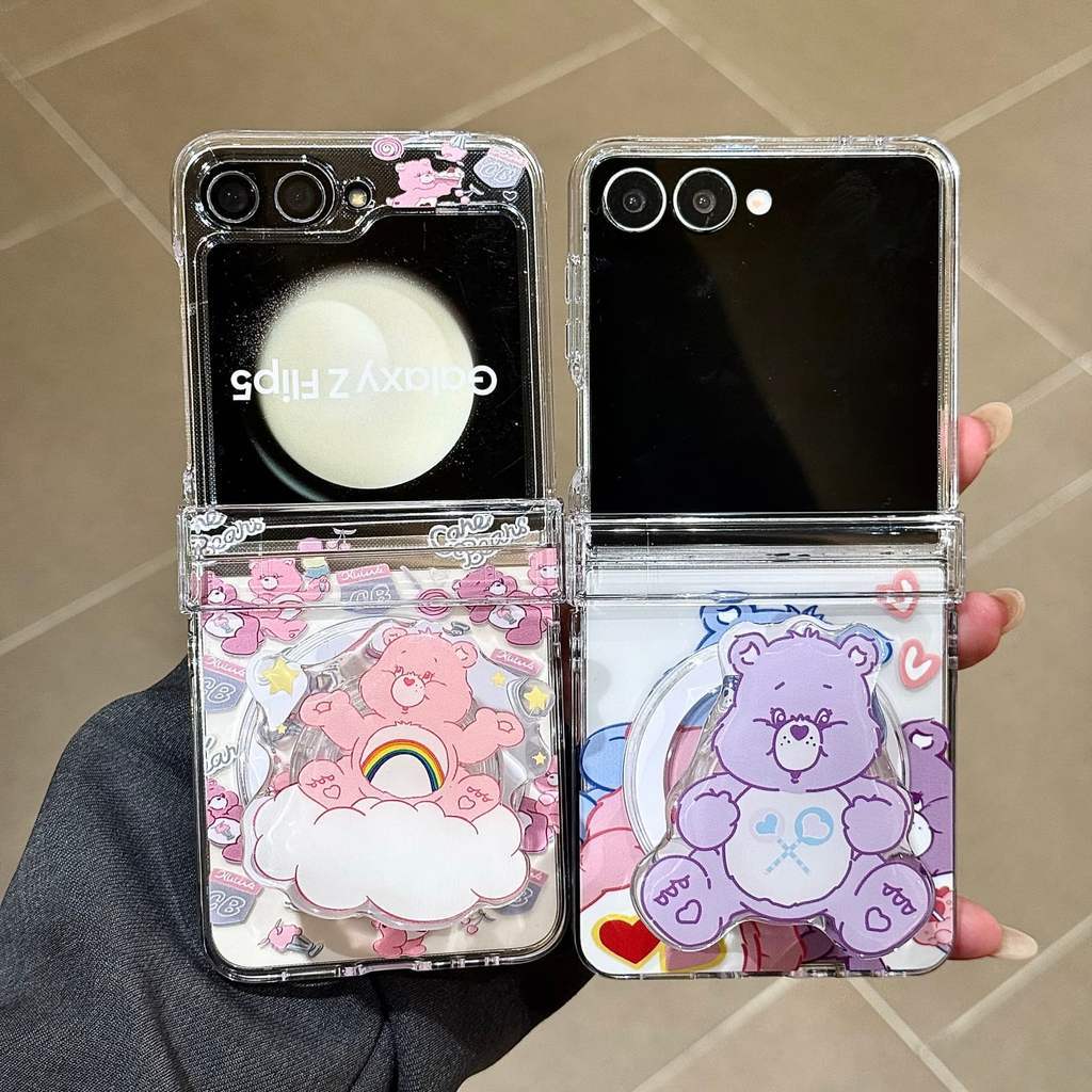 Flip7 3in1 Casing Magnetik Samsung Galaxy Z Flip 6 Flip5 Casing Beruang Pelangi Kartun Lucu dengan R