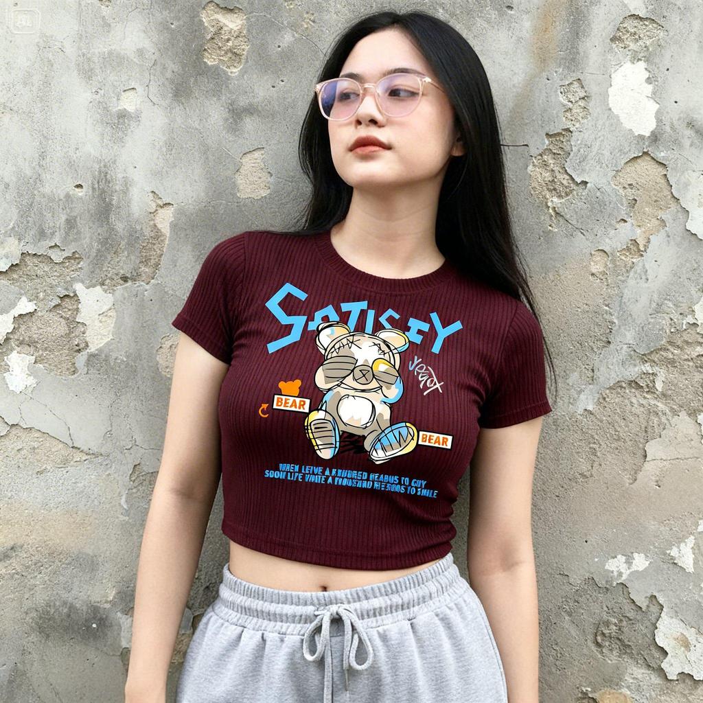 DOLLAR - CROP TOP PREMIUM SECRET BEAR KAOS PENDEK WANITA UKURAN L DAN XL JUMBO