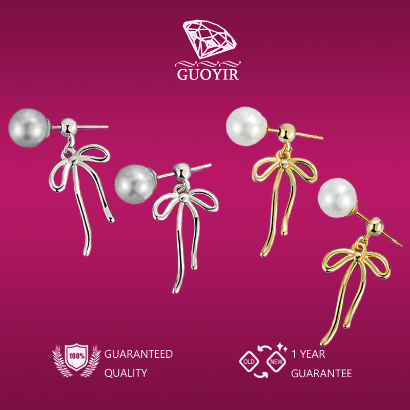 GUOYIR Anting Tusuk Mutiara Rumbai Panjang Elegan dengan Detail Pita