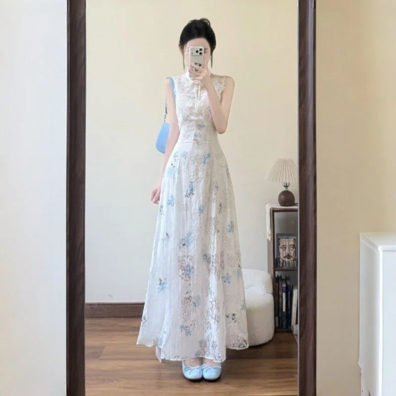 Dress Qipao Panjang Wanita Floral Biru Putih New Chinese Style Slim Fit Elegan Dress Panjang Kondang