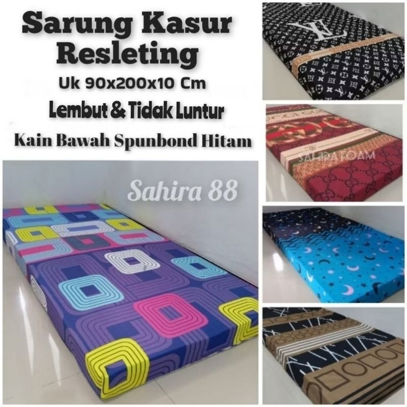 MULYO - Sarung Kasur Resleting Uk 90x200x10 / 90x180x10 Bahan Tidak Luntur (Bawah Spunbond Hitam) te