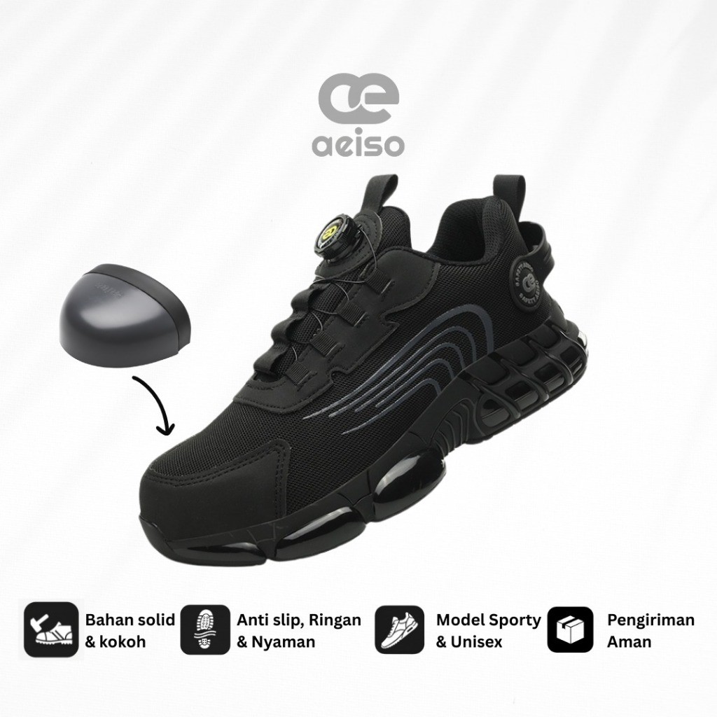 Sepatu safety tactikal tali putar ujung besi hitam casual aeiso