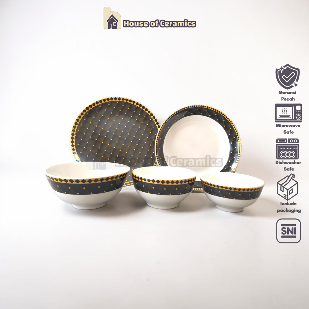NAKAMI Piring Mangkok Keramik Black Dot Lucu Aesthetic Cantik