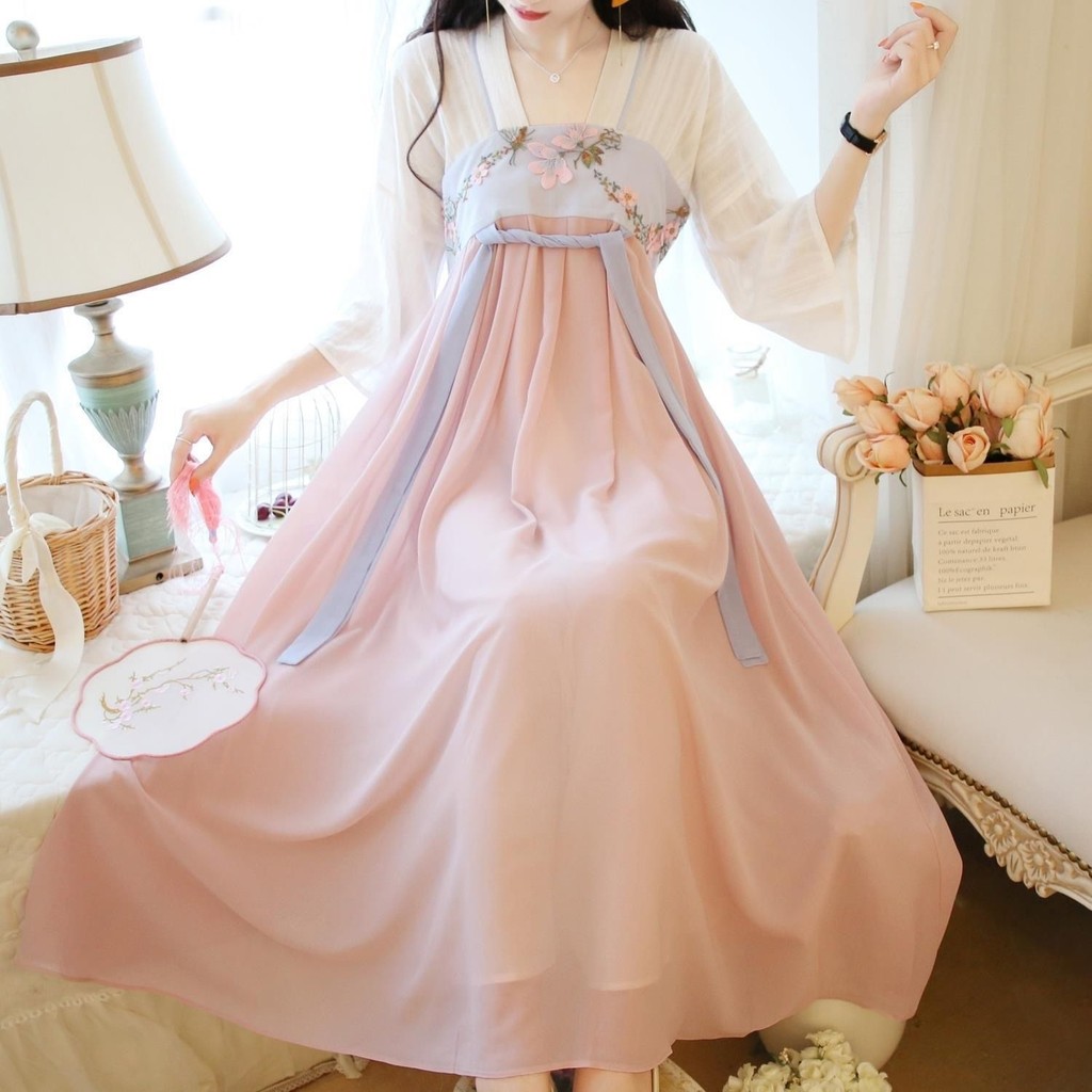 Gaun Hanfu untuk wanita, gaun midi sifon berlengan sedang dengan pinggang tinggi dan bordir.