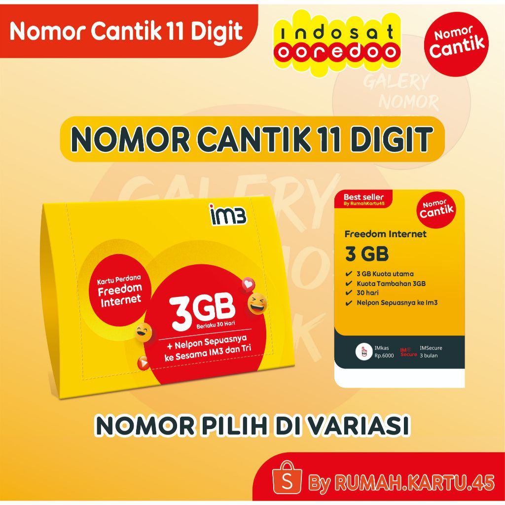 Kartu Perdana Indosat M3 Nomor Cantik 11 Digit - Bonus Kuota Internet 3GB & 2GB, Bisa COD