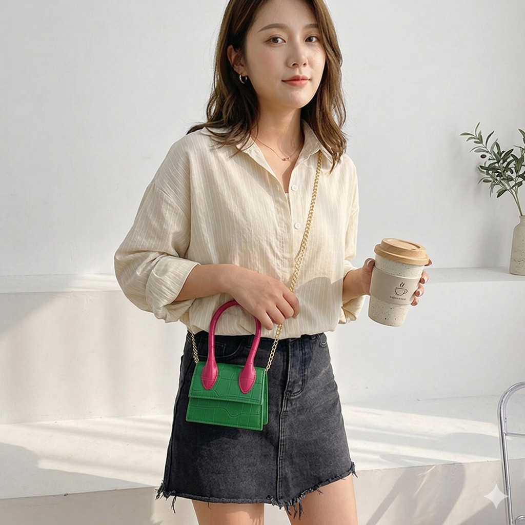 Tas Selempang Mini Wanita Sintetis Tekstur Kulit Buaya / Croco/ Fancy/ Korea Style/ Fashion/ Rantai/
