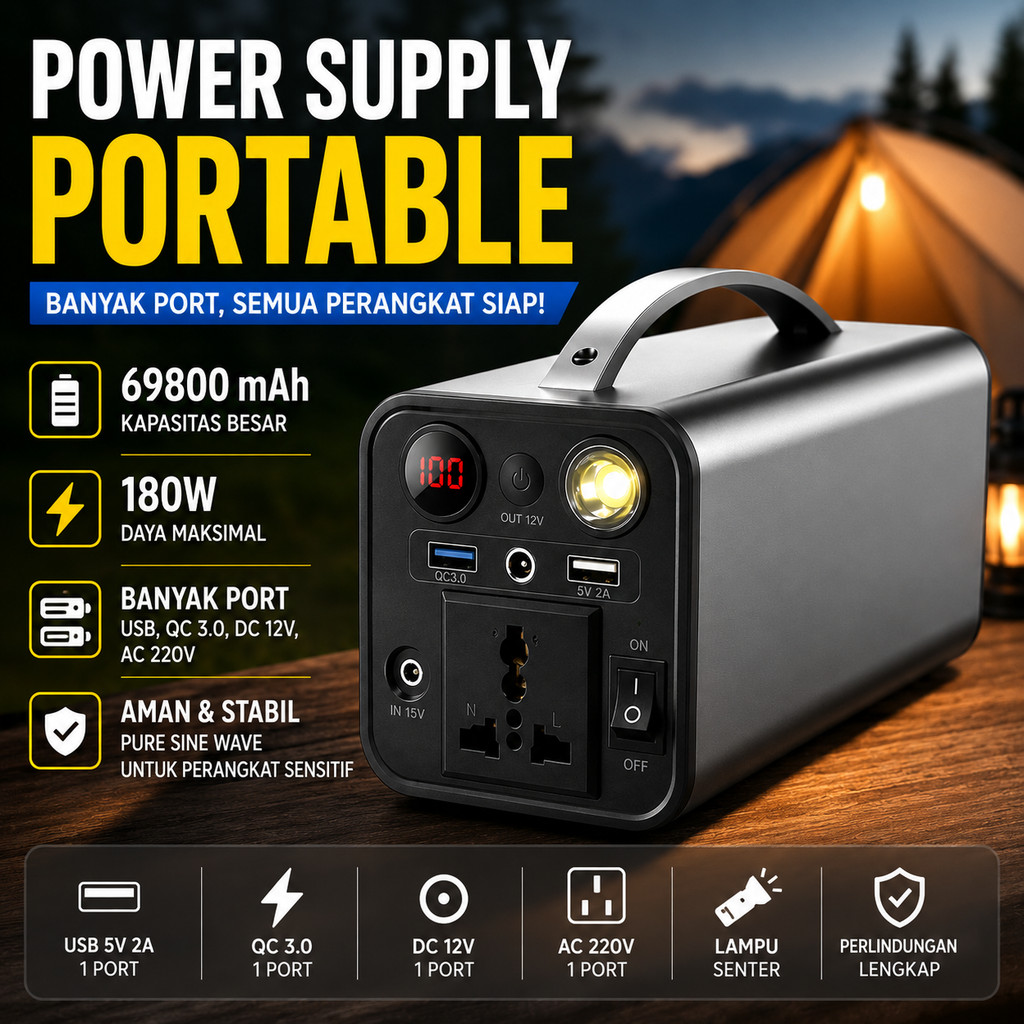 Portable Power Station Generator 220V AC Output Pure Sine Wave Powerbank Jumbo 69800mAh UPS Darurat 