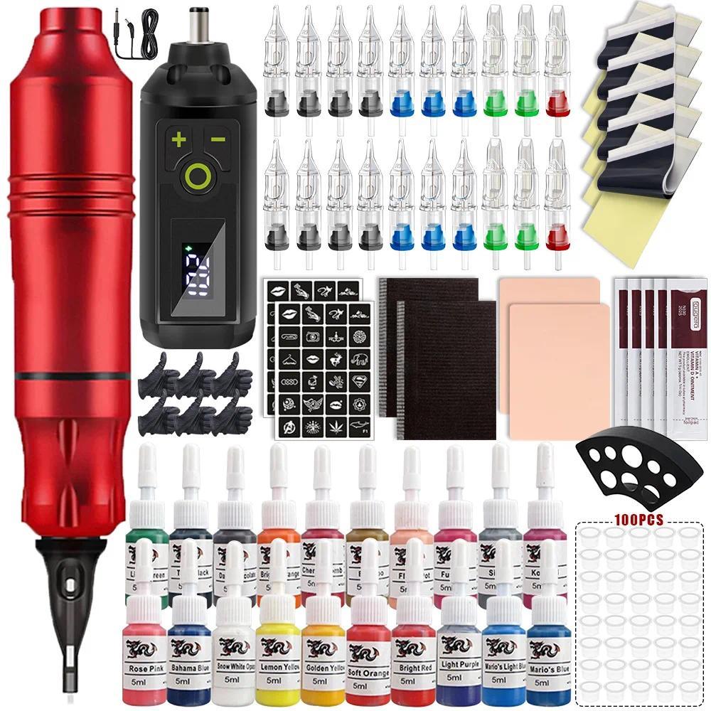 Kit Mesin Tato Nirkabel dengan Jarum Cartridge, Tinta, dan Mesin Tato Rotary untuk Pemula dan Senima