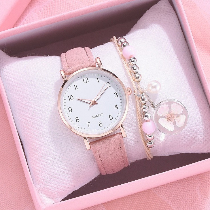 Jam Tangan + Gelang + Kotak Jam Tangan Wanita Kotak Hadiah Tali Kulit Wanita Jam Tangan Kuarsa Jam T