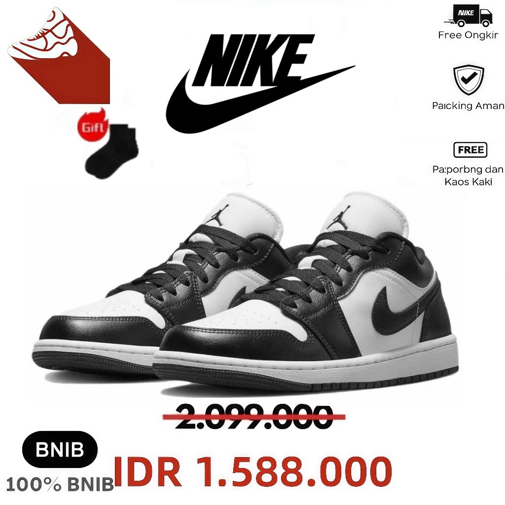Sepatu Nike Air Jordan 1 Low Black White Panda BNIB 100% Authentic