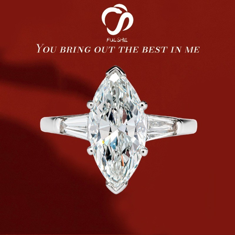 FULSHE Cincin Wanita Berlapis Emas Putih Mewah Potongan Marquise Berlian Asli - Tunangan & Lamaran