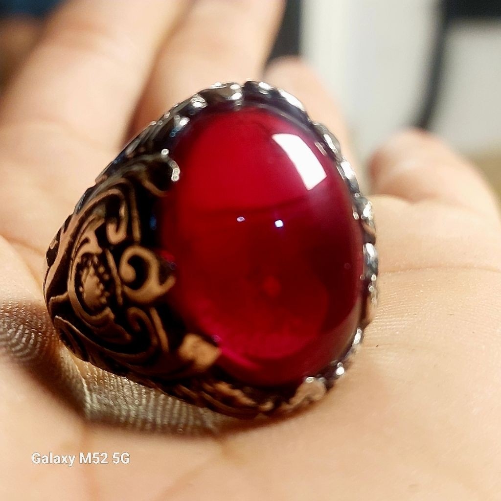 Cincin Siem Jaga Baya Merah Delima Dim 20 Mm Ring Alpaka Super Elegan Dengan Desain Ukiran Elegan Da