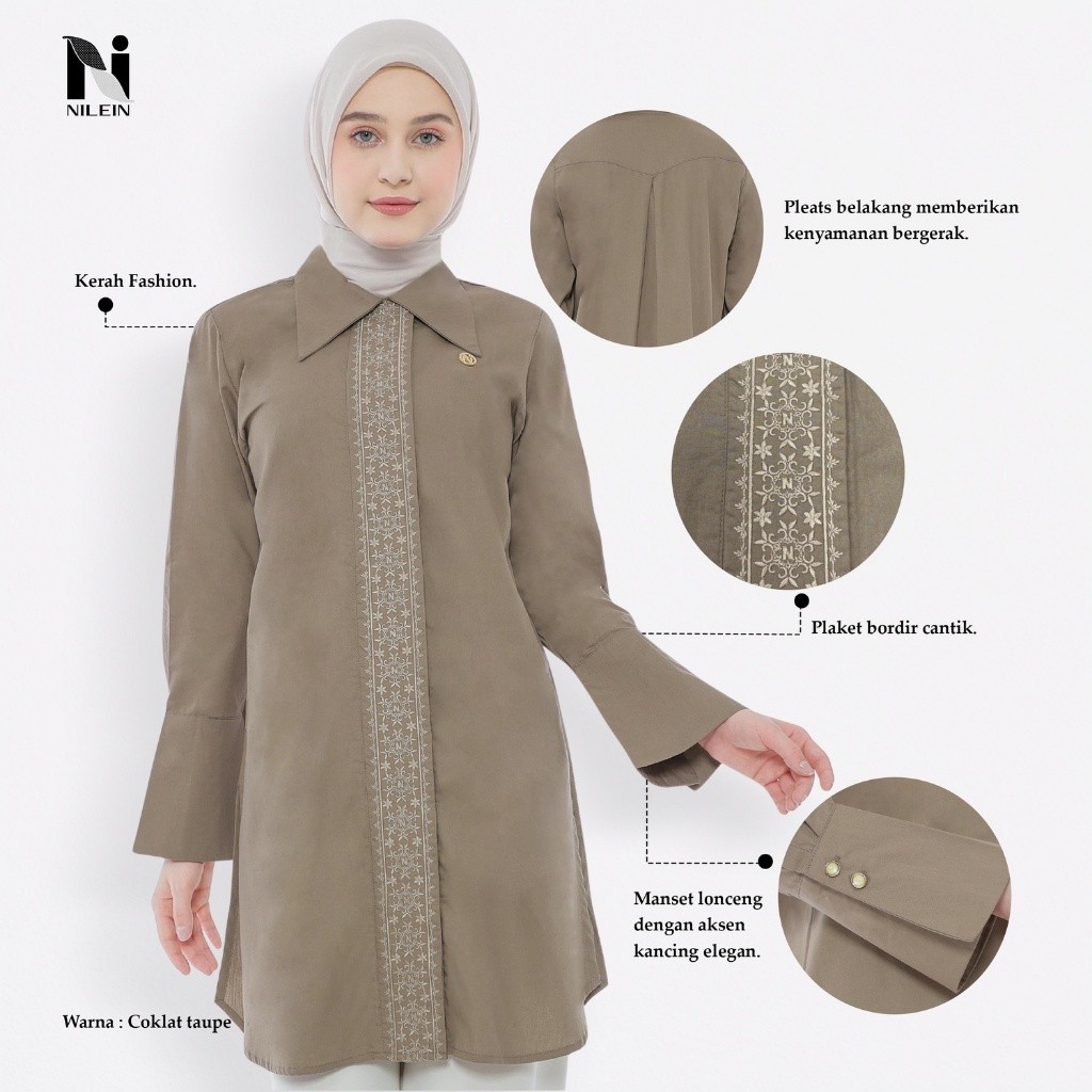 NILEIN Tunik Wanita Coklat Mocca Bordir Premium | Atasan Muslimah Elegan Kerja Formal