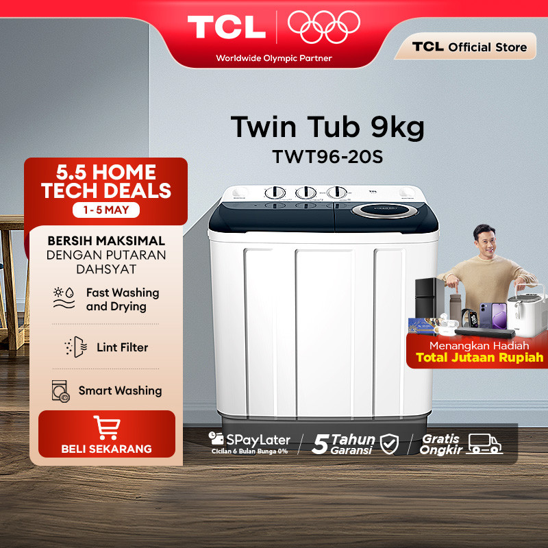 TCL Mesin Cuci 2 Tabung - Twintub 9KG - Lint Filter - Anti Karat - Anti Tikus (Model: TWT96-20S)