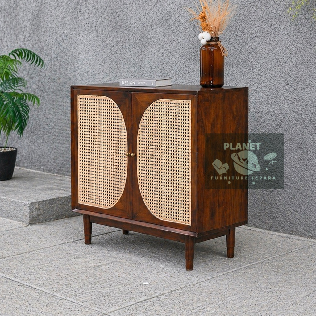 Lemari Kabinet Rotan Japandi | Sideboard Kayu Jati Minimalis | Meja Konsol Aesthetic Retro | Rak Pen