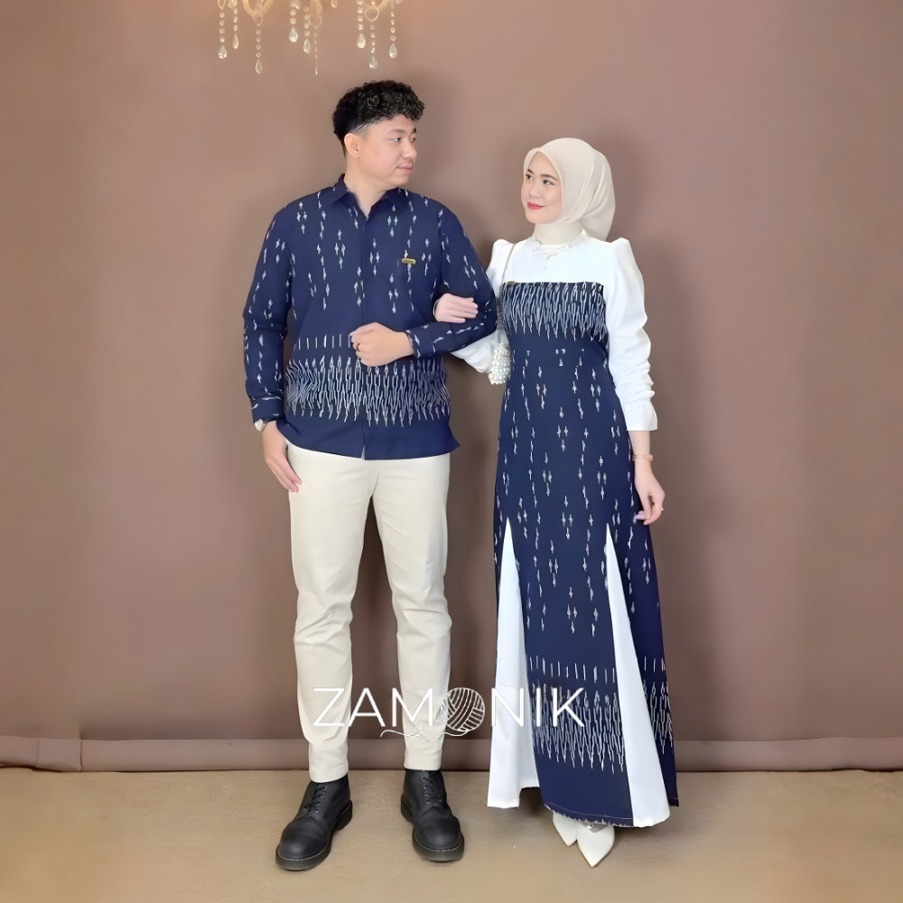 Set Baju Couple Gamis Dress Kemeja Tenun Simpel Mewah Elegan Kinanti Rintik Navy