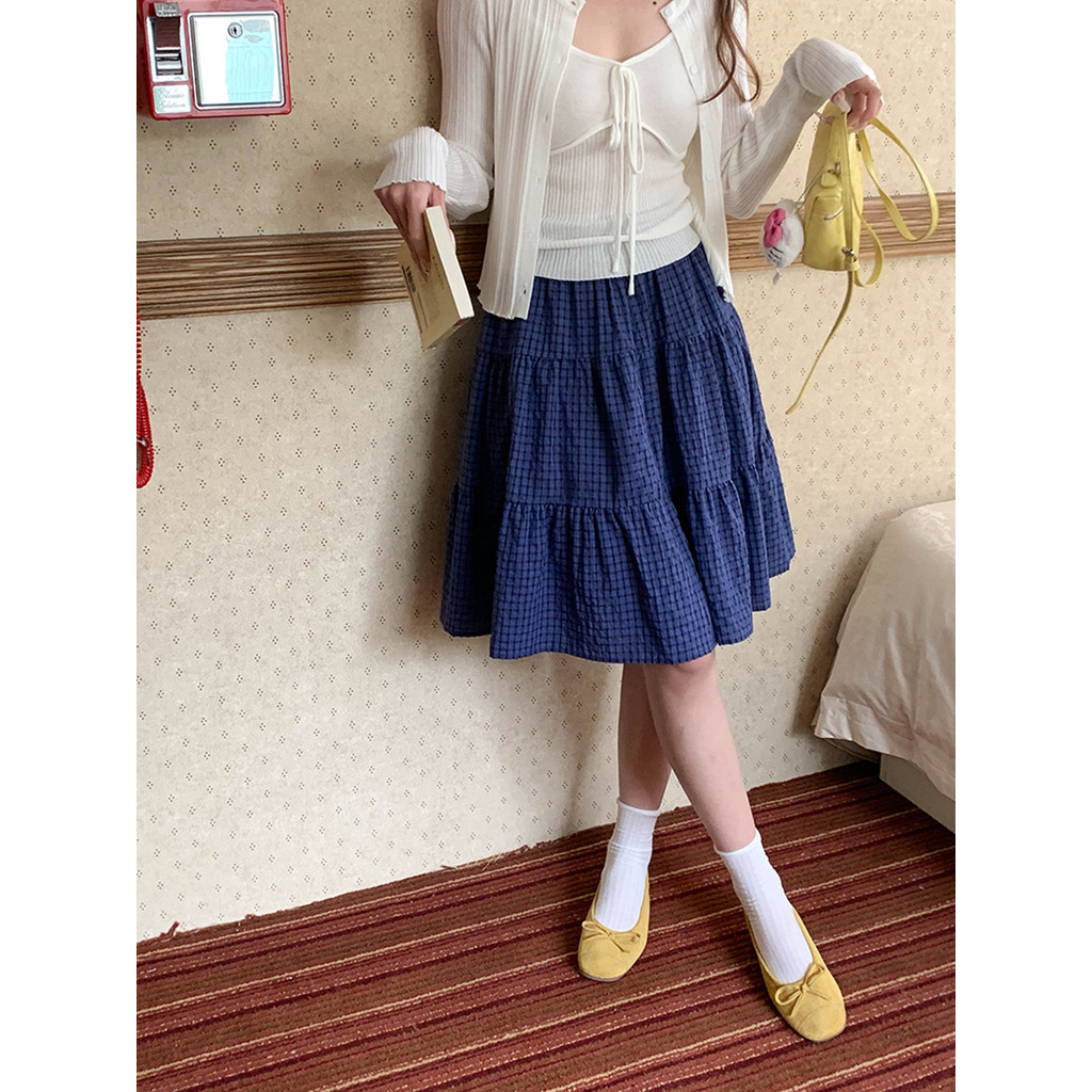 3th Morning Seoul Studio Korean Retro Plaid Patchwork A-line Skirt