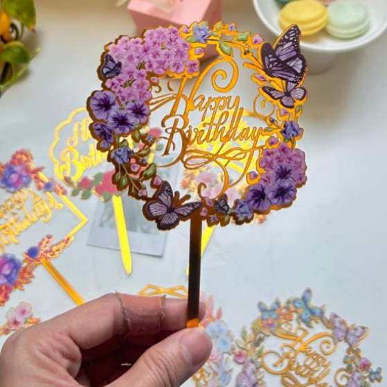 Topper Kue Happy Birthday Mermaid dengan Bunga dan Kupu | Dekorasi Kue Ulang Tahun
