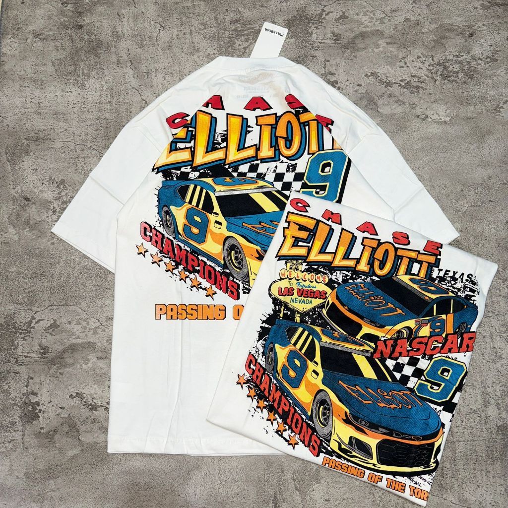 Baju Kaos P&B Oversize Nascar Chase Elliott - T Shirt Vintage Nascar Chase Elliott Oversized White 2
