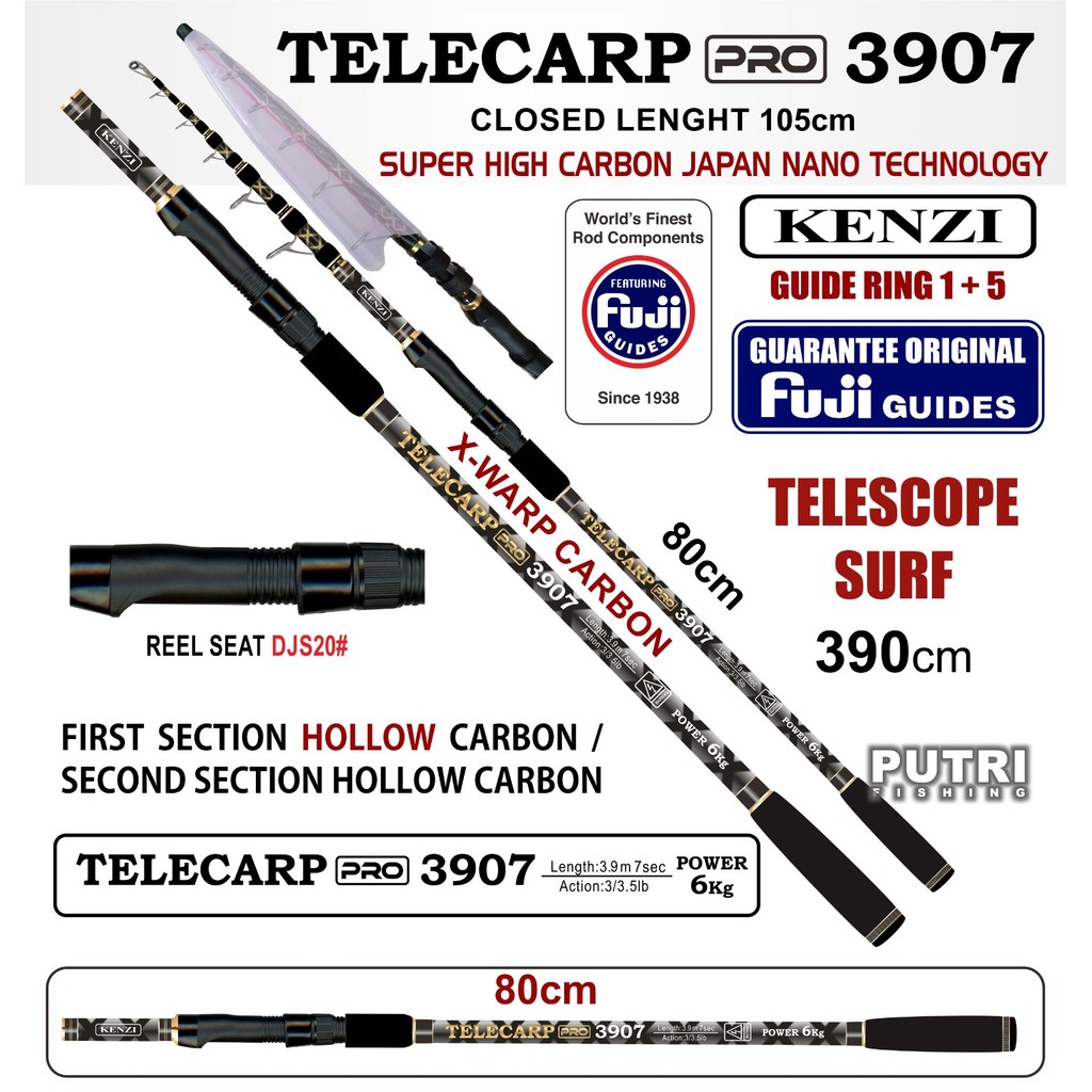 Joran KENZI TELECARP PRO 3907 Surf 390cm X Warp Carbon Fuji Guides Teleskopik Rod