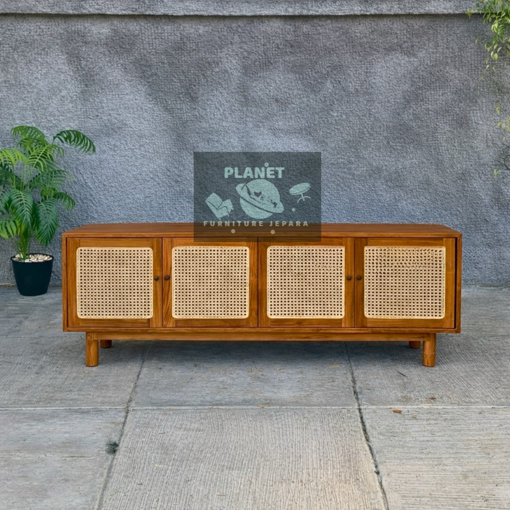 Meja TV Minimalis Modern | Bufet TV Jati Panjang 150cm | Lemari TV Rotan Aesthetic | Buffet TV Kayu 