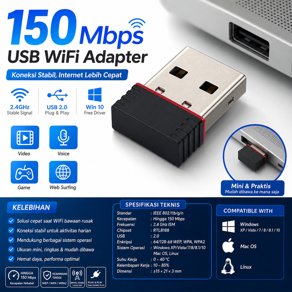 Adaptor Wifi Usb Mini Dongle 150 Mbps Receiver Chipset Rtl8188 Murah Bagus Awet Kuat Bahan Plastik T