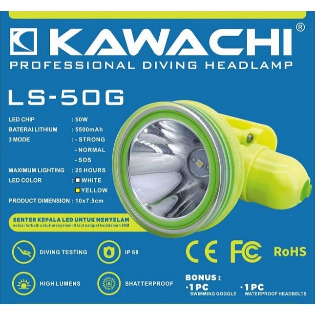 Promo Guncang 5.5 Senter Kepala Selam 50 Watt LED Super Terang LS-50G Waterproof Lithium Cas Recas R