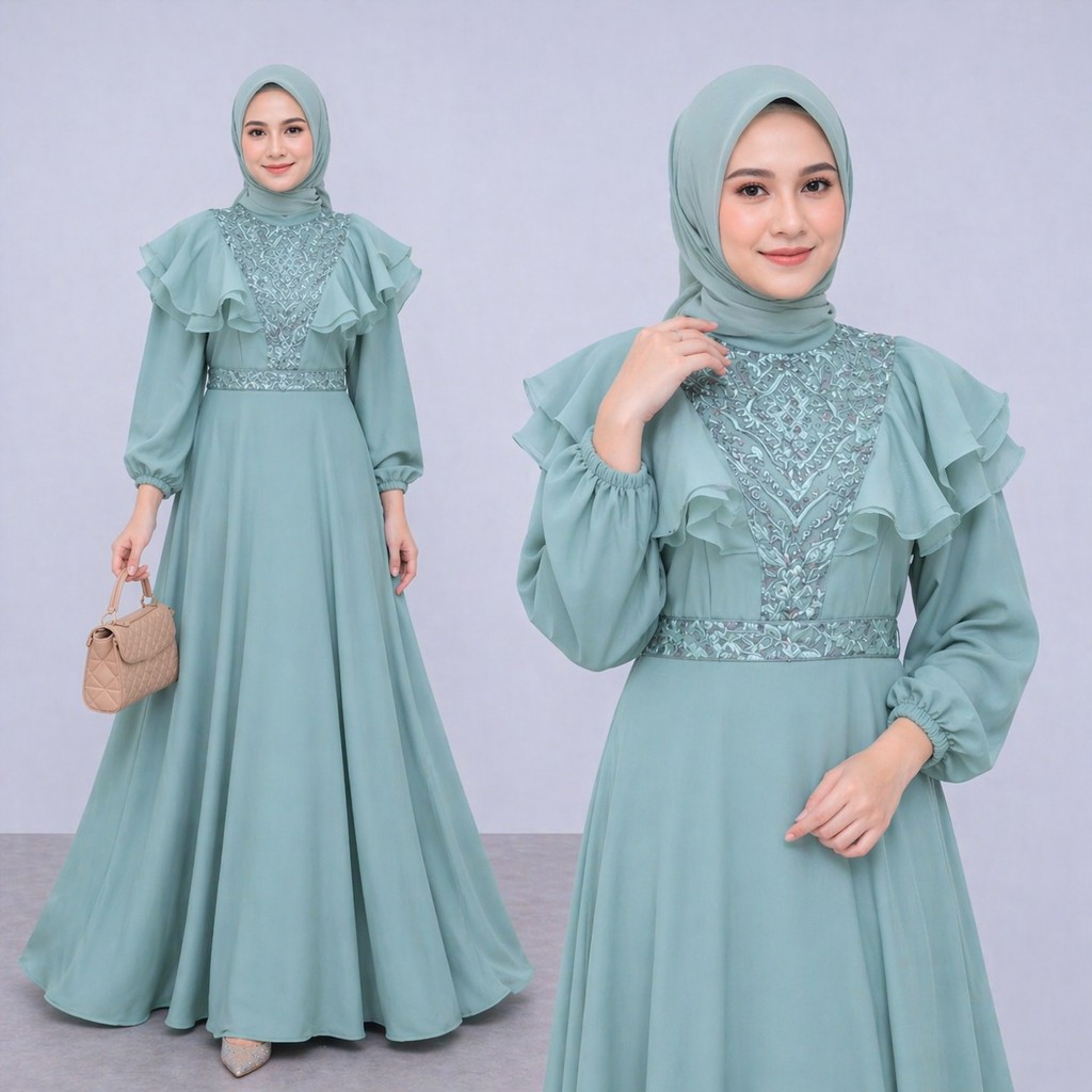 Meghan Dress Gamis Brukat Organza Mewah Gaun Pesta Maxi Muslim Wanita Termurah