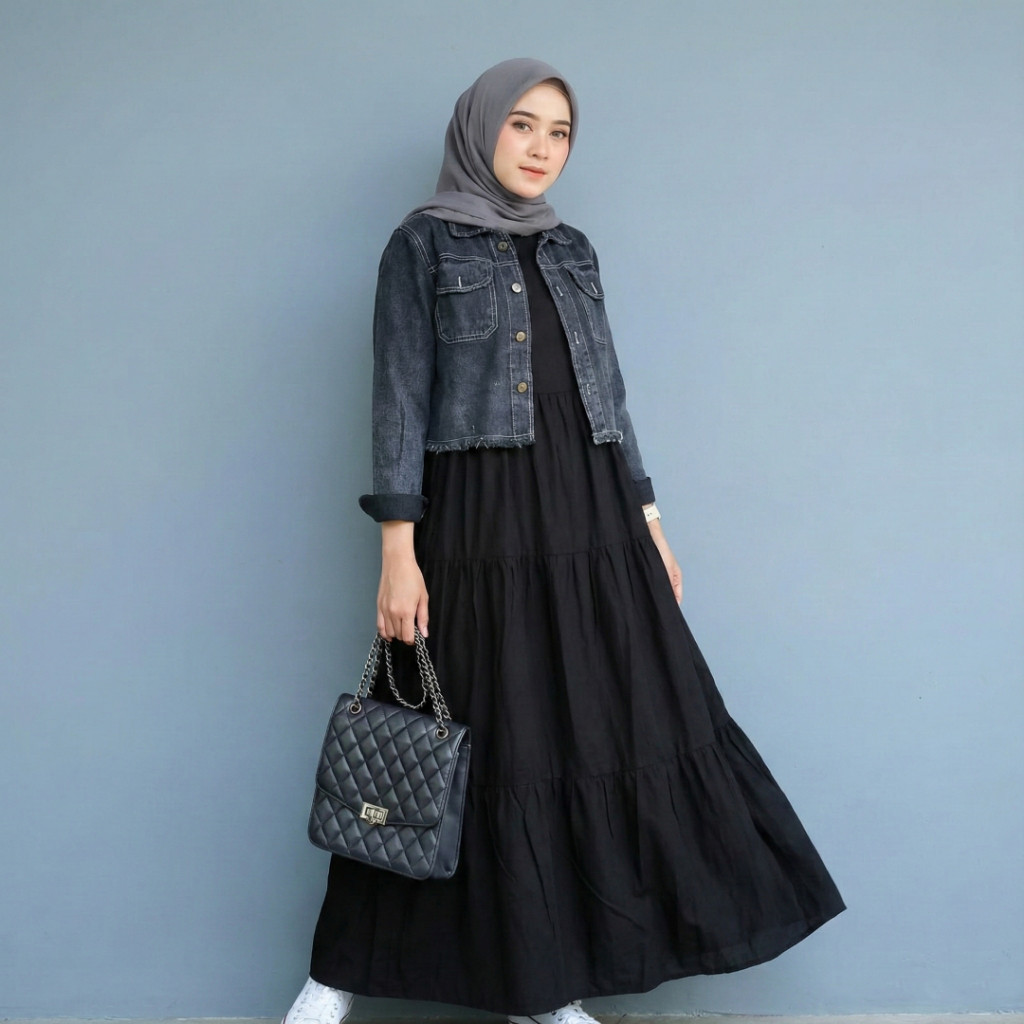Talya Set Dress + Jaket Jeans Wanita Hijab Korean Style / Gamis Outer Denim Crop Casual Kekinian