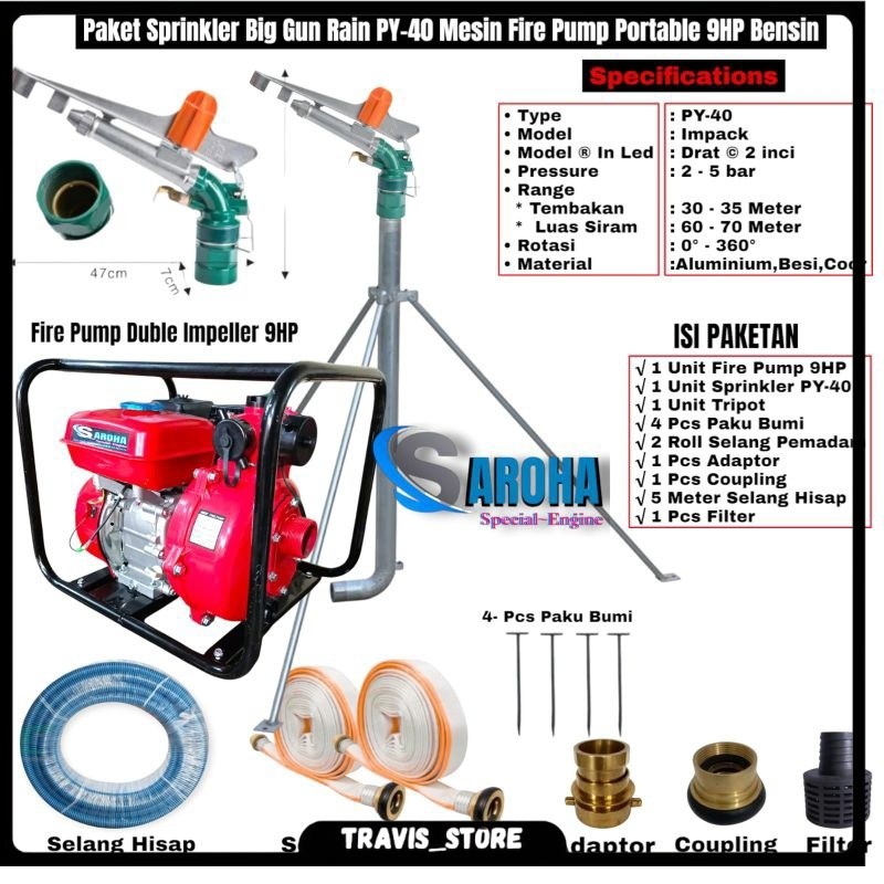Paket Hemat Sprinkler Big Gun Rain VY-40 Komplit Siap Pakai Mesin Pemadam 9HP Bensin Murni