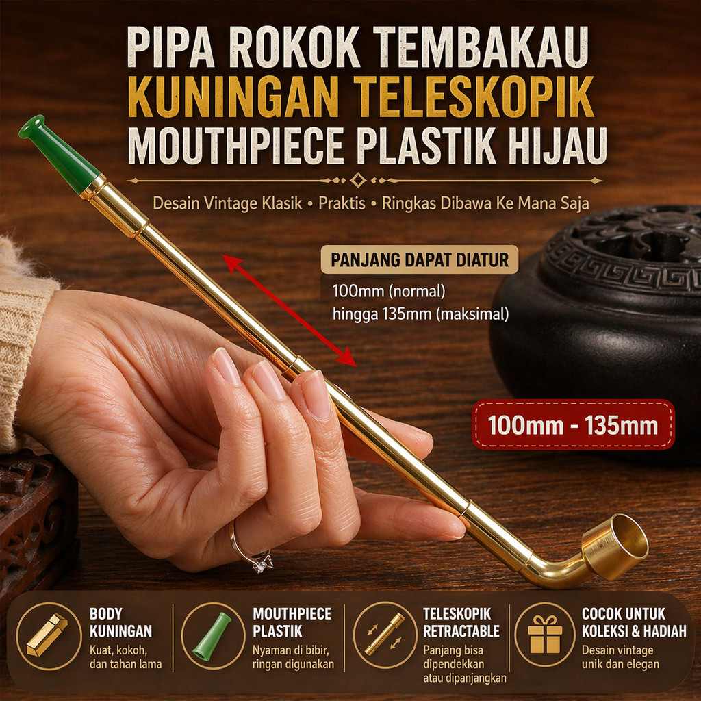 Prima Pipa Rokok Tembakau Kuningan Teleskopik Mouthpiece Plastik 100mm  H817 Quality0.2