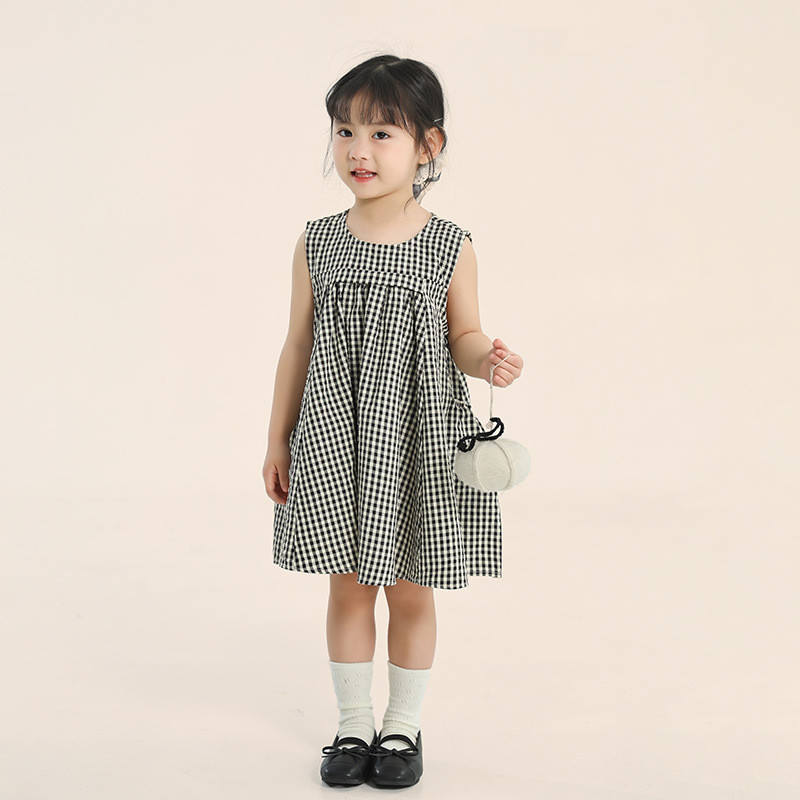 Anak Stylish Rok kotak-kotak gaya Korea untuk balita dan anak perempuan, rok A-line tanpa lengan