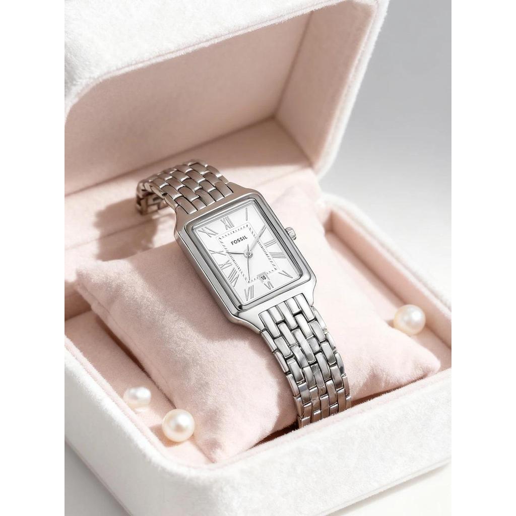 Jam Tangan Wanita Fossil ES5221 Raquel Vintage Rectangular Quartz Women Watch Silver Stainless Steel