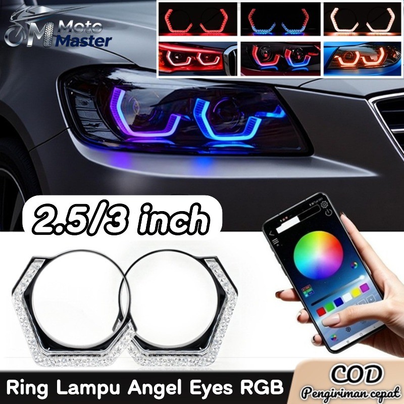 2.5/3 Inch Ring Lampu Angel Eyes RGB DRL Angel Eyes RGB Kristal 5D Multiple Warna Kontrol Bluetooth 