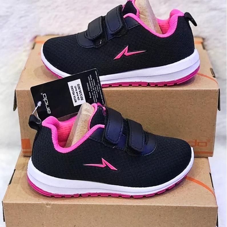 promo Sepatu ando nitta zora 30-37 Sekolah Anak Perempuan Paud TK SD Sneakers Ando Hitam Pink