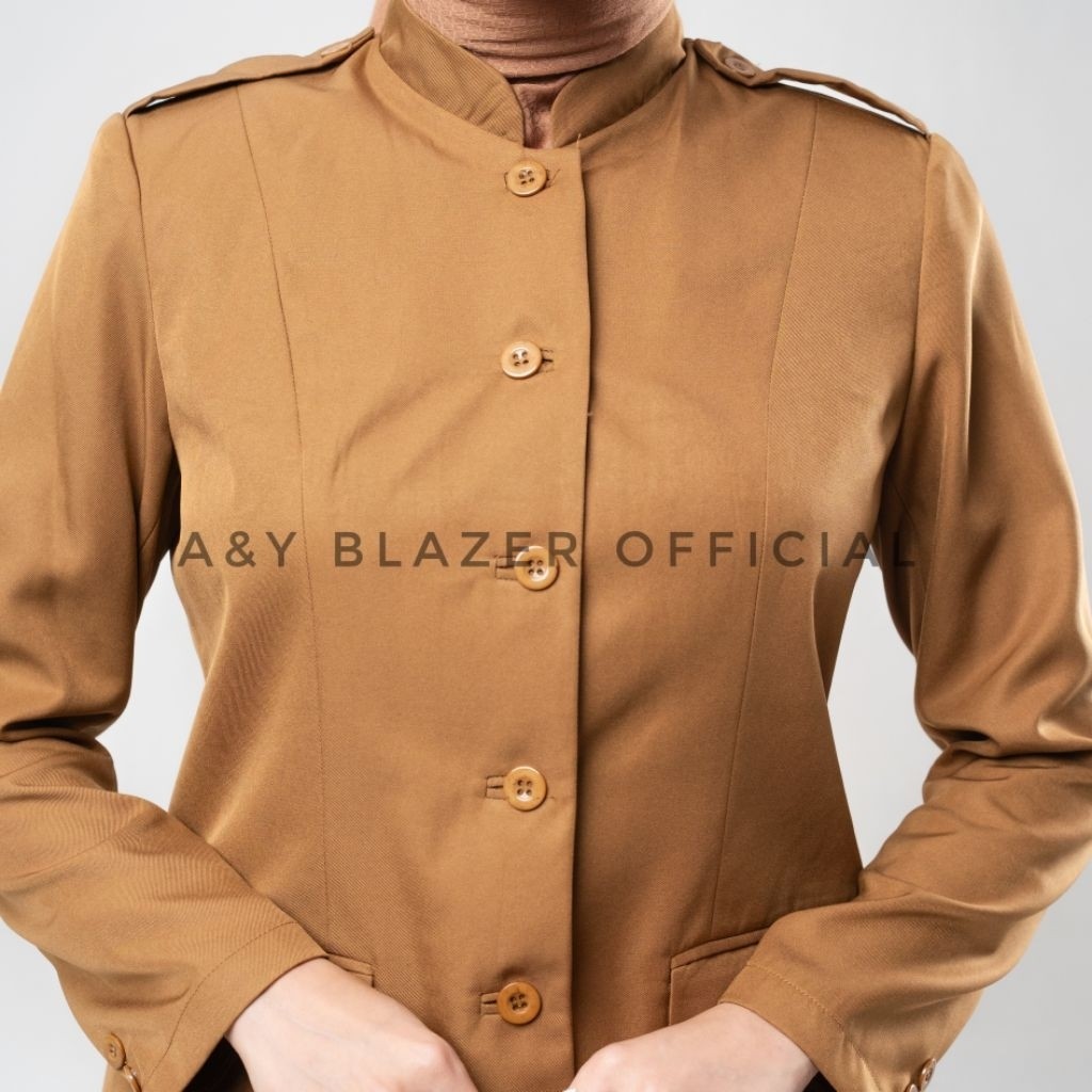 [022] BARUU  KERAH SHANGHAI POLOS  A&Y Blazer Baju Seragam Pemda PDH Wanita warna Khaki Tua Terbaru 