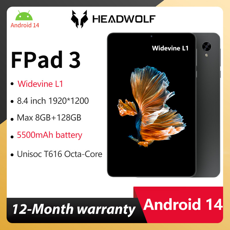 HEADWOLF FPad 3 Android 14 tablet 8.4 in Max 8GB Ram 128GB ROM Widevine L1 Octa-core 4G LTE Phone Ca