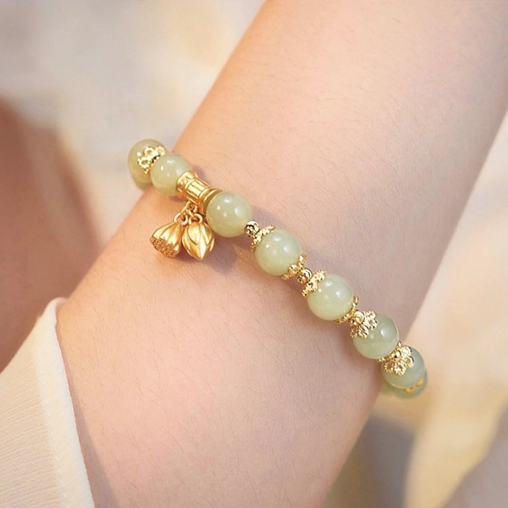 Kiara Gelang Teratai Keberuntungan Giok Hijau Alami Gelang Liontin Bunga Teratai Fashion Valley - Ma