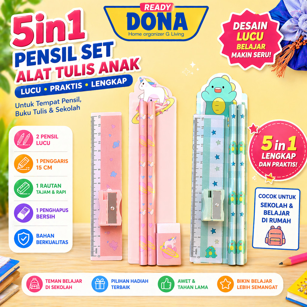 DONA Set Alat Tulis Anak Lengkap Karakter Kartun Pensil Penggaris Penghapus Rautan Perlengkapan Seko
