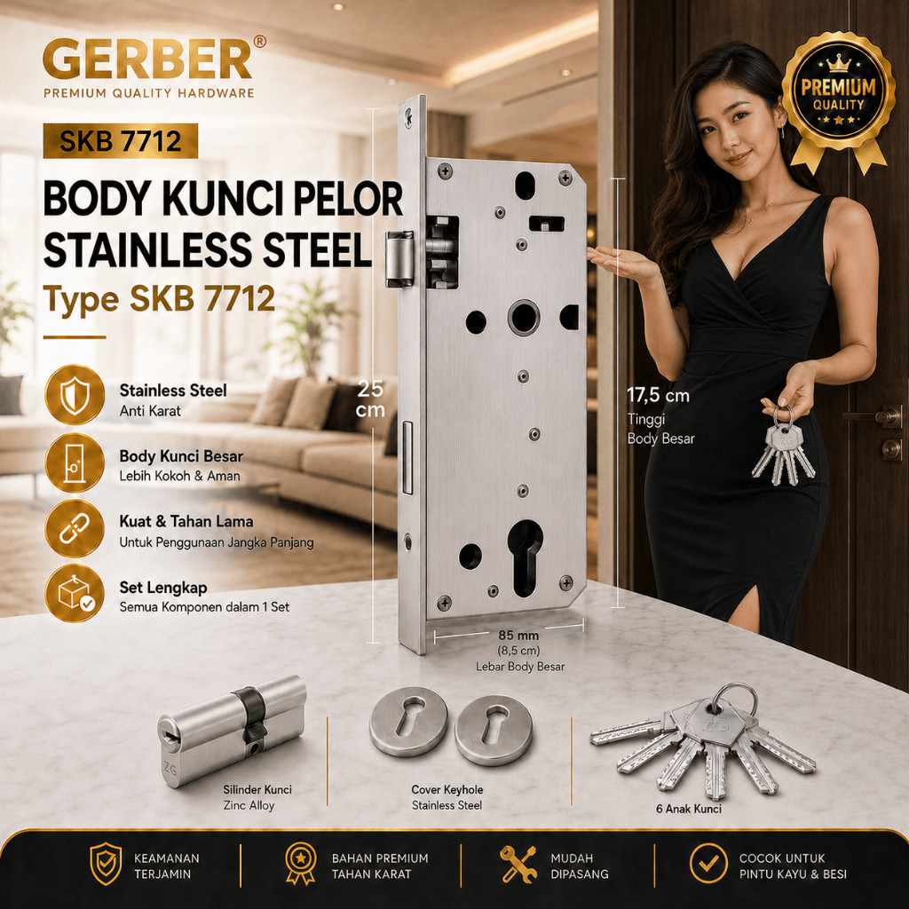 Body Kunci Pintu Pelor Besar Slot Kembar Double Kupu Tarung Gerber Stainless SKB 7712 gp88