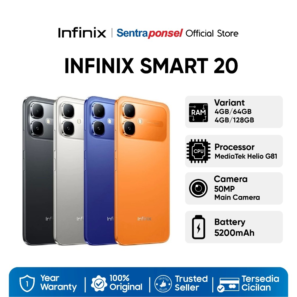 Infinix Smart 20 4GB+64GB | 4GB/128GB Up to 8GB Extended RAM - Mediatek Helio G81 - Garansi Resmi