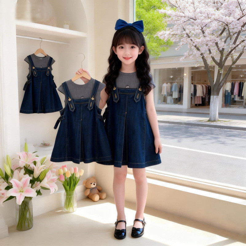 Mentari Kecil Gaun denim anak perempuan, baju terusan bayi, pakaian anak-anak bergaya, rok panjang