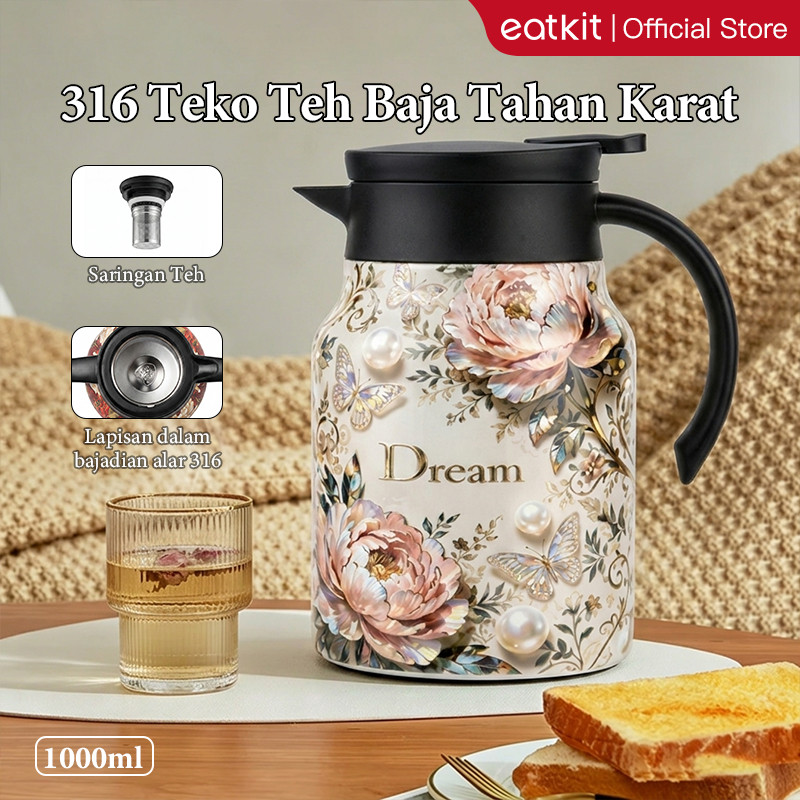 [Medan Ready Stock] Eatkit Teko Teh Stainless Steel 316 1000ml Motif Bunga Elegan Tea Pot Thermal In