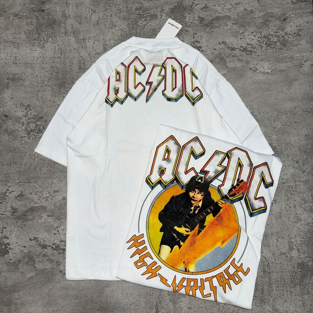 Baju Kaos Pull&Bear Oversize ACDC High Voltage - T Shirt AC/DC Oversized White 20s