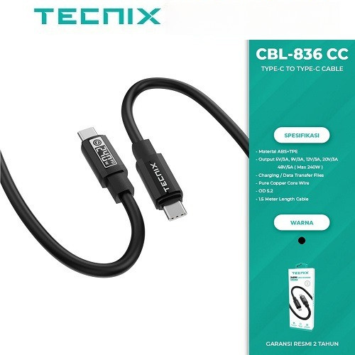 Tecnix CBL836CC Kabel Data Type-C to Type-C Fast Charging 240W PD 3.1 Power Delivery Laptop MacBook