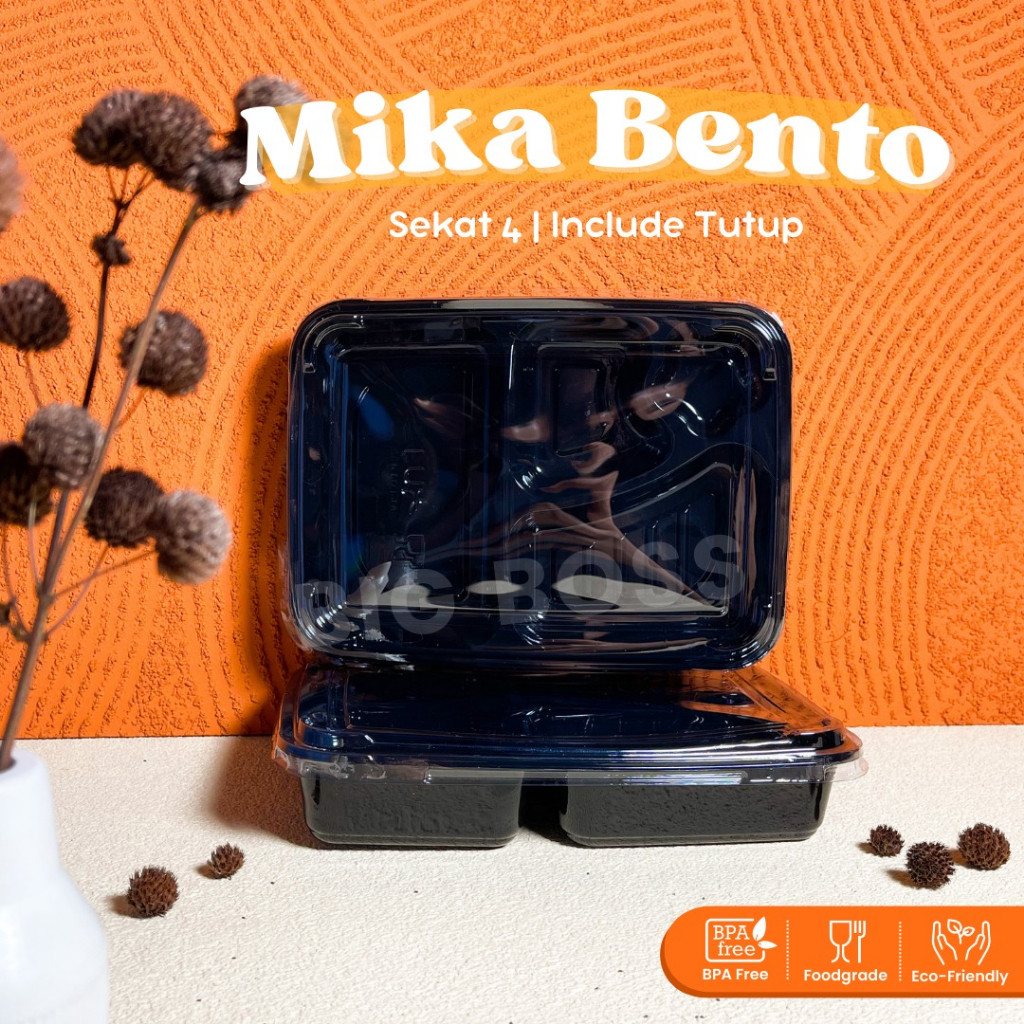 Mika Bento Sekat 4 LUX + Tutup / Mika Bento Plastik / Mika Bento 4 Sekat Hitam / Tray Bento